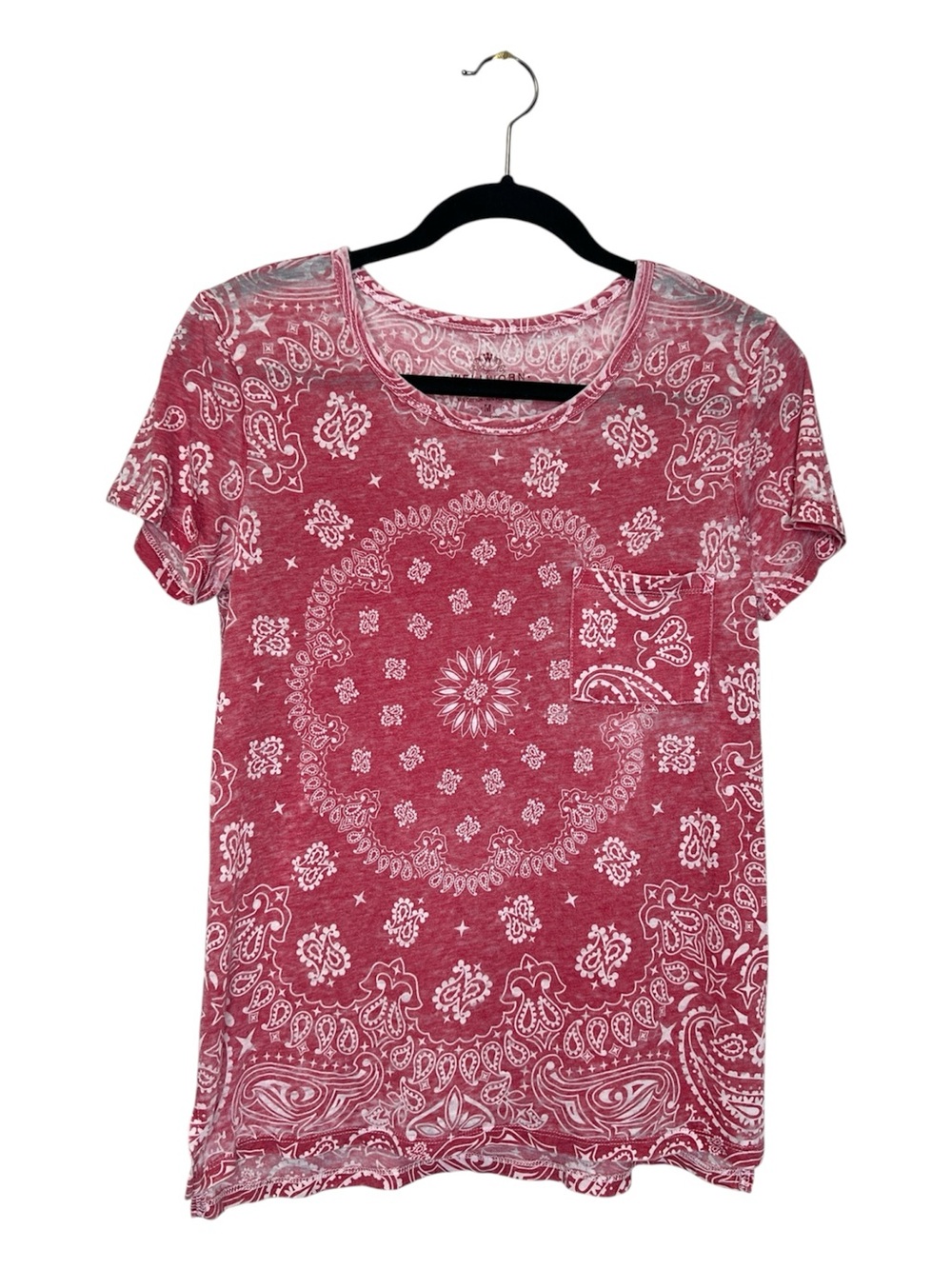 Bandana Print Red and White Burnout Style Pocket Tee size Medium